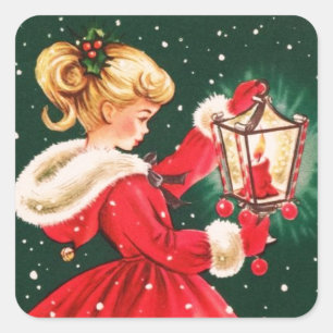 Pegatina Cuadrada Vintage Chica de Navidad con Lantern