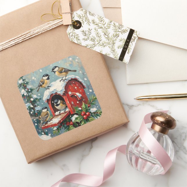 Pegatina Cuadrada Vintage Chickadees on Snowy Christmas Mailbox (Regalar)