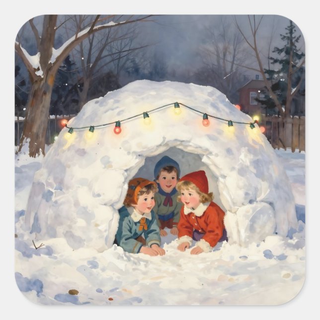 Pegatina Cuadrada Vintage Children in Snow Fort (Anverso)