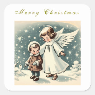 Pegatina Cuadrada Vintage Christmas Angel and Child Flat Card