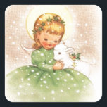 Pegatina Cuadrada Vintage Christmas Angel Chica Con Cordero Bebé<br><div class="desc">Vintage chica de ángel de Navidad con ilustracion de cordero para bebé.</div>