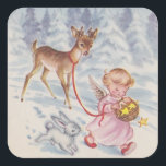 Pegatina Cuadrada Vintage Christmas Angel Deer and Bunny<br><div class="desc">Vintage Christmas Angel Deer and Bunny.</div>