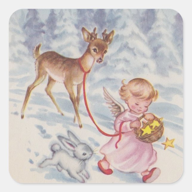 Pegatina Cuadrada Vintage Christmas Angel Deer and Bunny (Anverso)