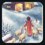 Pegatina Cuadrada Vintage Christmas Angel Shepherd Nativity<br><div class="desc">Un pastor ángel lleva a las ovejas al establo donde Jesús nació en esta acuarela vintage de Navidad.</div>