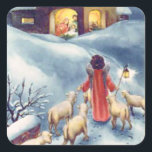 Pegatina Cuadrada Vintage Christmas Angel Shepherd Nativity<br><div class="desc">Un pastor ángel lleva a las ovejas al establo donde Jesús nació en esta acuarela vintage de Navidad.</div>