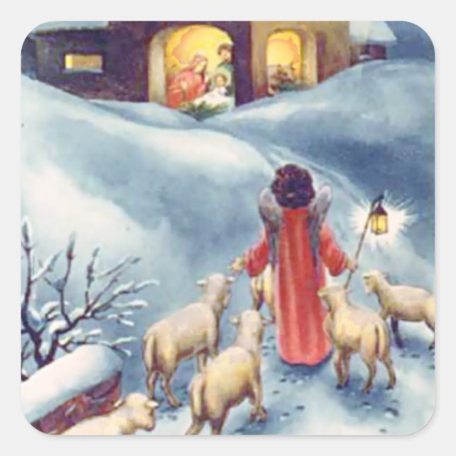 Pegatina Cuadrada Vintage Christmas Angel Shepherd Nativity (Anverso)
