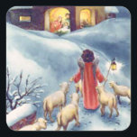 Pegatina Cuadrada Vintage Christmas Angel Shepherd Nativity<br><div class="desc">Un pastor ángel lleva a las ovejas al establo donde Jesús nació en esta acuarela vintage de Navidad.</div>