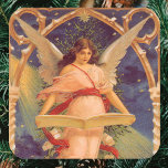 Pegatina Cuadrada Vintage Christmas, Angel Victoriano leyendo la Bib<br><div class="desc">Imagen de la festividad de los Navidades victorianos de ilustracion vintage con un ángel flotante leyendo la Biblia. Esta angélica mujer tiene bellas alas,  largo cabello oscuro y una bata que fluye; ella está bajo un arco decorativo mientras lee un libro.</div>