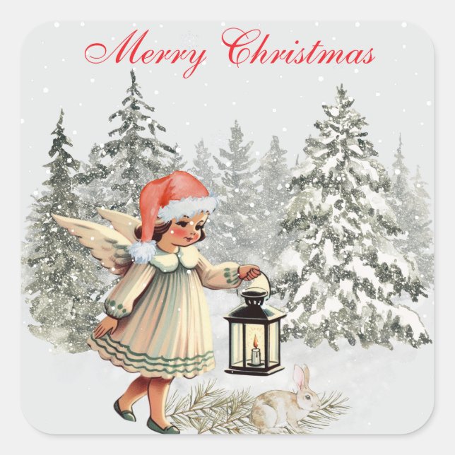 Pegatina Cuadrada Vintage Christmas Angel y Rabbit (Anverso)