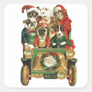 Pegatina Cuadrada Vintage Christmas Car Load Of Dogs