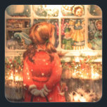 Pegatina Cuadrada Vintage Christmas Chica mirando en la ventana<br><div class="desc">Vintage Christmas Chica mirando en la ventana</div>