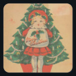 Pegatina Cuadrada Vintage Christmas Child delante del árbol<br><div class="desc">Este es un ilustracion vintage de postal de un niño frente a un árbol de Navidad.</div>