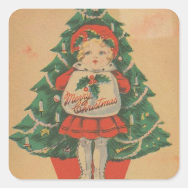 Pegatina Cuadrada Vintage Christmas Child delante del árbol (Anverso)