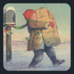 Pegatina Cuadrada Vintage Christmas, Child with Large Package<br><div class="desc">Ilustracion de la Vintage. Imagen de feriado navideño con un muchacho que cargaba un paquete con regalos y regalos de Navidad del buzón a través de la nieve en invierno. El niño lleva un gorra rojo y una bufanda verde.</div>