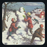 Pegatina Cuadrada Vintage Christmas, Children Snowball Fiesta<br><div class="desc">Ilustracion Vintage. Imagen de feriado navideño de Feliz Navidad con niños divirtiéndose afuera con una pelea de bolas de nieve. Los niños están arrojando bolas de nieve y construyendo un muñeco de nieve en un día de invierno.</div>
