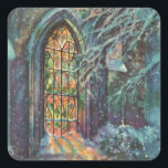 Pegatina Cuadrada Vintage Christmas Church con ventana de vidrio man<br><div class="desc">Navidades de ilustracion de época celebran un diseño religioso con un elemento arquitectónico,  un paisaje de nieve con vidrieras. Una hermosa capilla con luz que llega sobre la nueva nieve caída afuera en el paisaje invernal.</div>