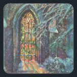 Pegatina Cuadrada Vintage Christmas Church con ventana de vidrio man<br><div class="desc">Navidades de ilustracion de época celebran un diseño religioso con un elemento arquitectónico,  un paisaje de nieve con vidrieras. Una hermosa capilla con luz que llega sobre la nueva nieve caída afuera en el paisaje invernal.</div>