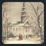Pegatina Cuadrada Vintage Christmas, Church in Winowscape<br><div class="desc">Ilustracion de época Navidades victorianos celebran el diseño religioso con una iglesia en un paisaje invernal con árboles. Hay nieve en el suelo y los feligreses llegan para los servicios. Bonitos tonos antiguos con colores vivos de rojo y verde en las ventanas.</div>