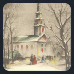 Pegatina Cuadrada Vintage Christmas, Church in Winowscape<br><div class="desc">Ilustracion de época Navidades victorianos celebran el diseño religioso con una iglesia en un paisaje invernal con árboles. Hay nieve en el suelo y los feligreses llegan para los servicios. Bonitos tonos antiguos con colores vivos de rojo y verde en las ventanas.</div>