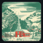 Pegatina Cuadrada Vintage Christmas Church, Snowscape in Winter<br><div class="desc">Navidades de ilustracion de época celebran un diseño religioso con una pintoresca capilla en un bonito pueblo de montaña. Un paisaje natural invernal con montañas,  árboles y nieve. El original es un cuadro acuático de arte rojo y verde.</div>
