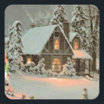 Pegatina Cuadrada Vintage Christmas Cottage<br><div class="desc">Vintage ilustracion de la cabaña navideña.</div>