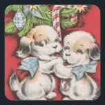 Pegatina Cuadrada Vintage Christmas Cute dogs con Candy Cane<br><div class="desc">Perros retro vintage navideños con papel de envolvimiento para las fiestas de Candy Cane.</div>