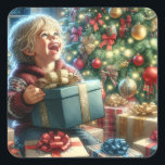 Pegatina Cuadrada Vintage Christmas Eve Joy<br><div class="desc">Un niño dulce que abre un regalo a los Navidades incluso con una gran sonrisa. Un árbol de Navidad bonito con adornos antiguos en oro y rojo.</div>