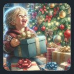 Pegatina Cuadrada Vintage Christmas Eve Joy<br><div class="desc">Un niño dulce que abre un regalo a los Navidades incluso con una gran sonrisa. Un árbol de Navidad bonito con adornos antiguos en oro y rojo.</div>
