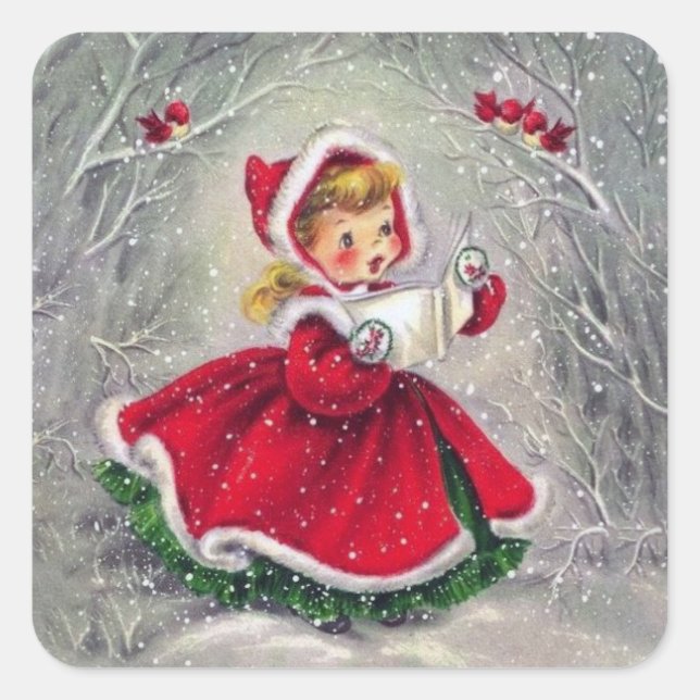 Pegatina Cuadrada Vintage Christmas Girl  (Anverso)