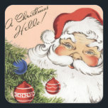 Pegatina Cuadrada Vintage Christmas Hello! Jolly Santa Claus<br><div class="desc">Ilustracion de época Feliz Navidad diseño con un feliz Santa Claus con mejillas rosadas,  barba blanca esponjosa y un gorra rojo con un hermoso árbol de Navidad decorado y adornos de vidrio. Saludos de temporada con un Navidad ¡Hola!</div>