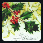 Pegatina Cuadrada Vintage Christmas Holly<br><div class="desc">¡Este pegatina bonito tiene un sello que hace que todas tus cartas y correspondencia sean tan cristianas! :) Restauración por Laurie Bethard,  DBA Bonito Vintage. Derechos reservados © 2016,  Bonito Vintage. Todos Los Derechos Reservados.</div>