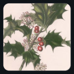 Pegatina Cuadrada Vintage Christmas, Holly Plant with Red Berries<br><div class="desc">Ilustracion de época Victorian Era Feliz Navidad diseño con una rama floral con hojas huecas,  bayas rojas y flores rosas. Una flor de invierno tradicional. ¡Felices fiestas y saludos de temporada!</div>