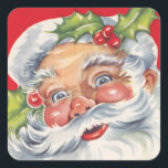 Pegatina Cuadrada Vintage Christmas, Jolly Santa Claus con su Gorra<br><div class="desc">Ilustracion de la Vintage. Imagen de feriado navideño con un retrato de un retro Santa Claus (un feliz San Nicolás) con ungüento y bayas en su difuso gorra. ¡Ho ho ho ho y Merry Christmas!</div>