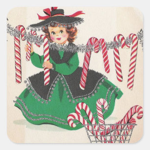 Pegatina Cuadrada Vintage Christmas Lady Colgando Candy Canes