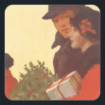 Pegatina Cuadrada Vintage Christmas, Love and Romance Gift Shopping<br><div class="desc">Ilustracion de época Feliz Navidad,  amor e imagen romántica con una pareja de compras durante la carrera de los Navidades. Están cargando regalos envueltos y hojas huecas con bayas rojas.</div>