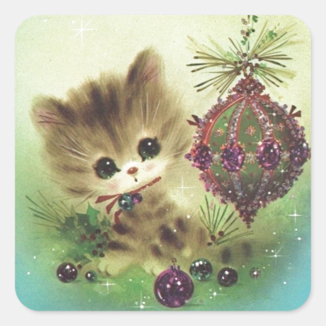 Pegatina Cuadrada Vintage Christmas Mid Century Pastel Kitten (Anverso)