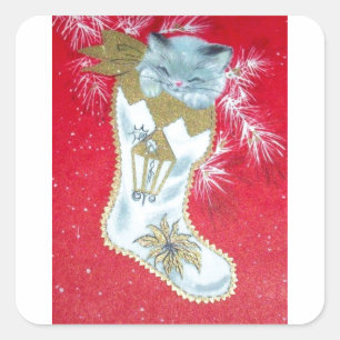 Pegatina Cuadrada Vintage Christmas Mid Century Pastel Kitten
