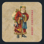 Pegatina Cuadrada Vintage Christmas Old World Santa Claus<br><div class="desc">Pegatinas con un viejo Navidad del Viejo Mundo, Santa Claus. El clásico santa del viejo mundo, con su famoso abrigo rojo y llevando una bolsa llena de juguetes. Este Santa de la vieja usanza es delgado y tiene un bastón para caminar por la tierra regalando juguetes a todos los chicas...</div>