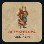 Pegatina Cuadrada Vintage Christmas Old World Santa Claus<br><div class="desc">Feliz pegatina navideño con un viejo Navidad del viejo mundo, Papá Noel. El clásico santa del viejo mundo, con su famoso abrigo rojo y llevando una bolsa llena de juguetes. Este Santa de la vieja usanza es delgado y tiene un bastón para caminar por la tierra regalando juguetes a todos...</div>