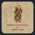 Pegatina Cuadrada Vintage Christmas Old World Santa Claus<br><div class="desc">Feliz pegatina navideño con un viejo Navidad del viejo mundo, Papá Noel. El clásico santa del viejo mundo, con su famoso abrigo rojo y llevando una bolsa llena de juguetes. Este Santa de la vieja usanza es delgado y tiene un bastón para caminar por la tierra regalando juguetes a todos...</div>