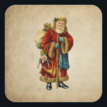 Pegatina Cuadrada Vintage Christmas Old World Santa Claus<br><div class="desc">Pegatinas con un viejo Navidad del Viejo Mundo, Santa Claus. El clásico santa del viejo mundo, con su famoso abrigo rojo y llevando una bolsa llena de juguetes. Este Santa de la vieja usanza es delgado y tiene un bastón para caminar por la tierra regalando juguetes a todos los chicas...</div>