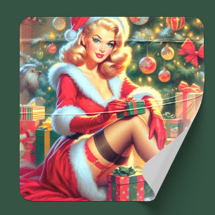Pegatina Cuadrada Vintage Christmas Pin Up