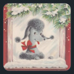 Pegatina Cuadrada Vintage Christmas Poodle<br><div class="desc">Perro Vintage De Navidad En El Pegatina De Vacaciones De La Ventana.</div>