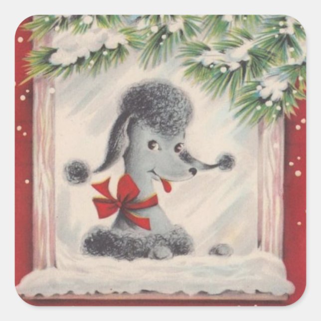 Pegatina Cuadrada Vintage Christmas Poodle (Anverso)