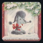 Pegatina Cuadrada Vintage Christmas Poodle<br><div class="desc">Perro Vintage De Navidad En El Pegatina De Vacaciones De La Ventana.</div>