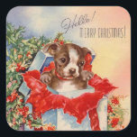 Pegatina Cuadrada Vintage Christmas Puppy en este momento<br><div class="desc">Vintage Christmas Puppy en este momento</div>