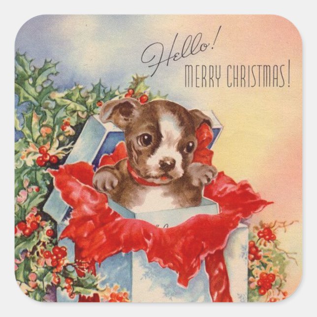 Pegatina Cuadrada Vintage Christmas Puppy en este momento (Anverso)