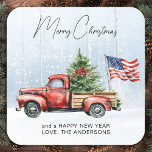 Pegatina Cuadrada Vintage Christmas Red Truck Bandera Patriótica de<br><div class="desc">Vintage Red Truck Navidades Cards celebra las vacaciones con encanto patriótico. Difunde alegría y alegría festiva esta temporada navideña con nuestras tarjetas de Navidades de camiones rojos. Capturando perfectamente el espíritu de un bello y rústico paisaje invernal, estas tarjetas cuentan con un encantador camión rojo adornado con un árbol de...</div>