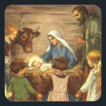 Pegatina Cuadrada Vintage Christmas, Religious Nativity w Baby Jesus<br><div class="desc">Imagen del feriado de Navidades religiosos de ilustracion vintage que presenta una bella escena familiar de natividad clásica con Mary,  Joseph y el niño Jesucristo en el pesebre en Belén. Escena de religión cristiana con niños reunidos dando la mano alrededor del bebé.</div>