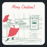 Pegatina Cuadrada Vintage Christmas, Santa Claus Chef y Turquía<br><div class="desc">¡Camiones de Navidad fáciles de personalizar! Ilustracion de época Festividad navideña Merry imagen de un retro Santa Claus vestido como panadero del chef en la cocina cocinando una cena tradicional saludable de Navidades gourmet. Una delicia culinaria del pavo asado fresco del horno. ¡Festividad de la felicidad,  Feliz Navidad!</div>